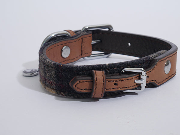 Rosewood Luxury Leather Dog Collar, 8-12 Inch, tartan tweed check